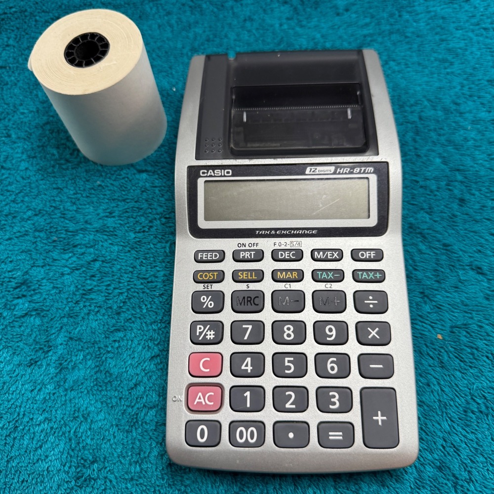 Casio HR-8TM Printing Calculator 12 Digit Tax Exchange Portable Silver Grey